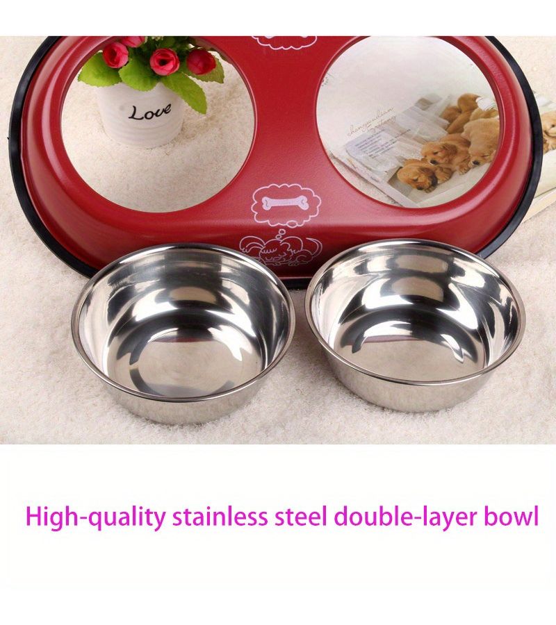 Small Cherry Red Anti Slip Double Stainless Steel Pet Bowls Removable Food Water Feeder For Dogs And Cats Easy Clean No Spill - Image 1