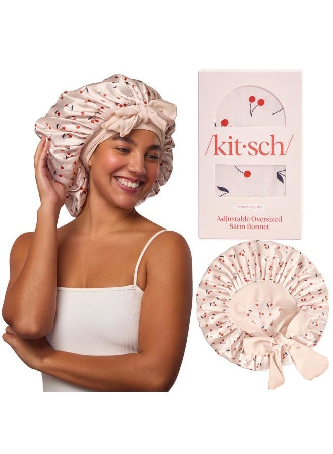 Kitsch XL Satin Bonnet for Sleeping - Softer Than Silk Bonnet For Sleeping Women - Secure Fit, Adjustable, Night Cap For Curly & Textured Hair - Prevents Breakage, Tangles & Thinning - Cherry Print - Image 1