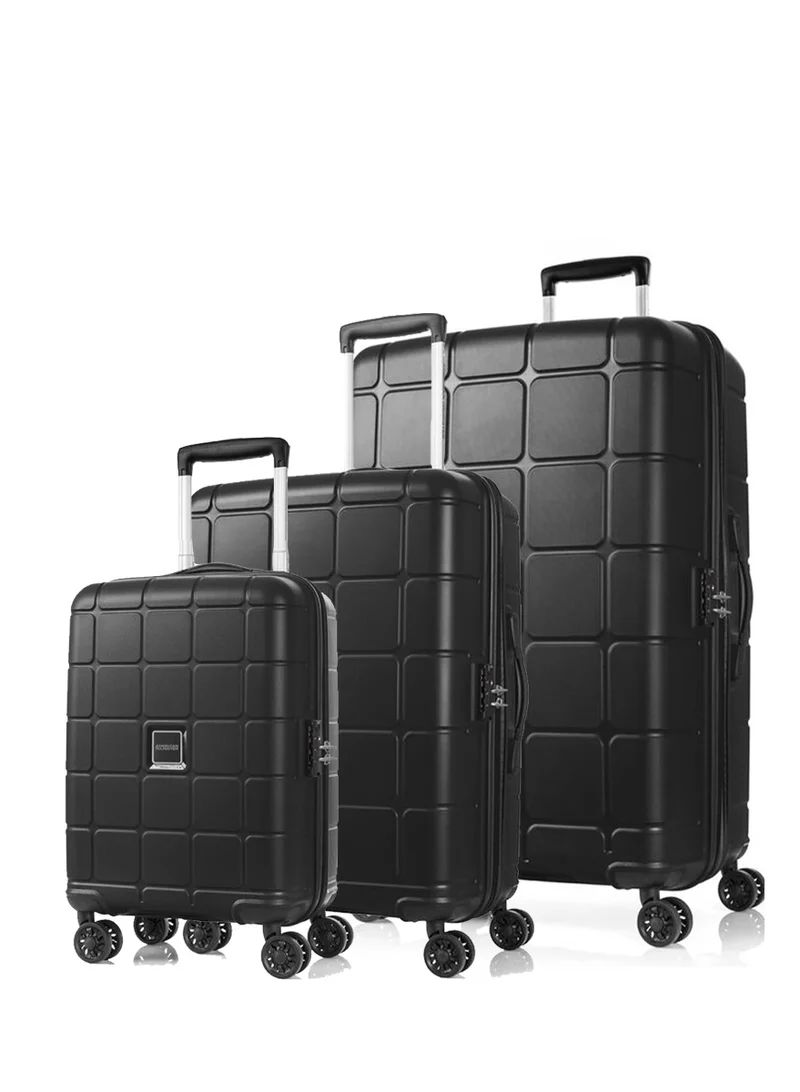 American Tourister Hundo Suitcase, Set of 3, Cabin, Medium & Large (55 + 68 + 81 cm), 4 Spinner Wheels, Hard Top, Polypropylene, Black|Spacious Interior|DuoSaf™ Security Zipper|TSA Combination Lock|Expandable - 3 Years Global Warranty