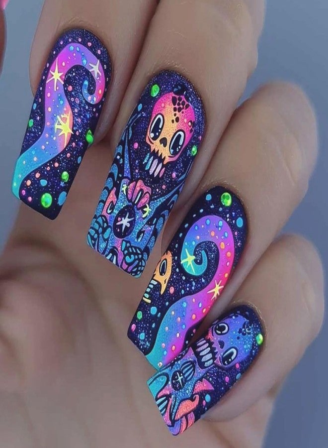 LYLYNB 24Pcs Halloween Press on Nails Medium Square Fake Nails with Skull Designs Matte Acrylic Nails Colorful Halloween Glue on Nails Full Cover Artificial Nails for Women DIY Manicure Decorations - Image 1