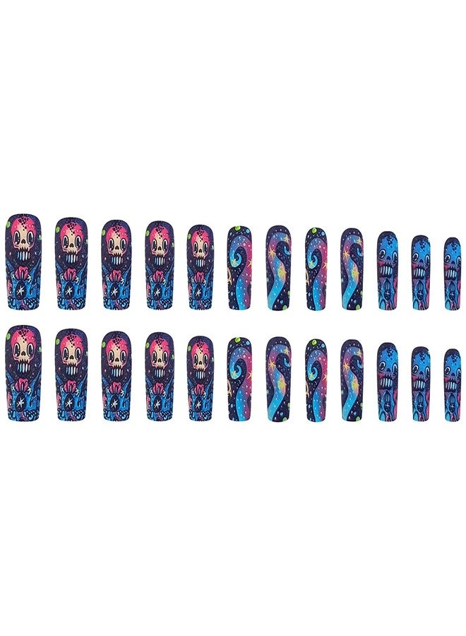 LYLYNB 24Pcs Halloween Press on Nails Medium Square Fake Nails with Skull Designs Matte Acrylic Nails Colorful Halloween Glue on Nails Full Cover Artificial Nails for Women DIY Manicure Decorations - Image 5