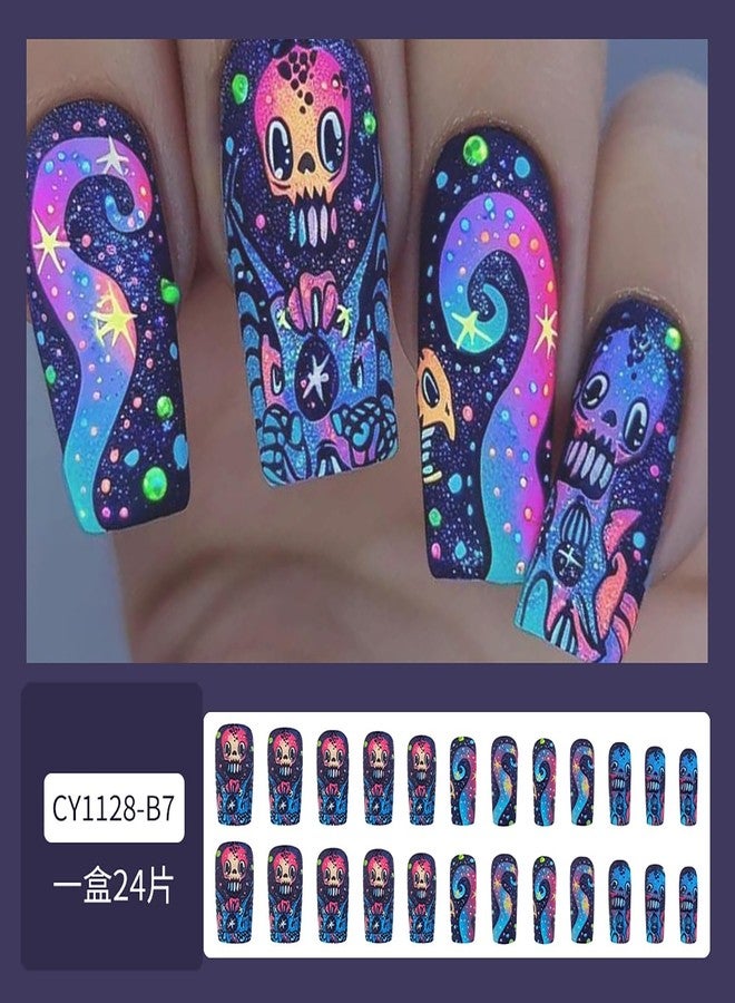 LYLYNB 24Pcs Halloween Press on Nails Medium Square Fake Nails with Skull Designs Matte Acrylic Nails Colorful Halloween Glue on Nails Full Cover Artificial Nails for Women DIY Manicure Decorations - Image 2