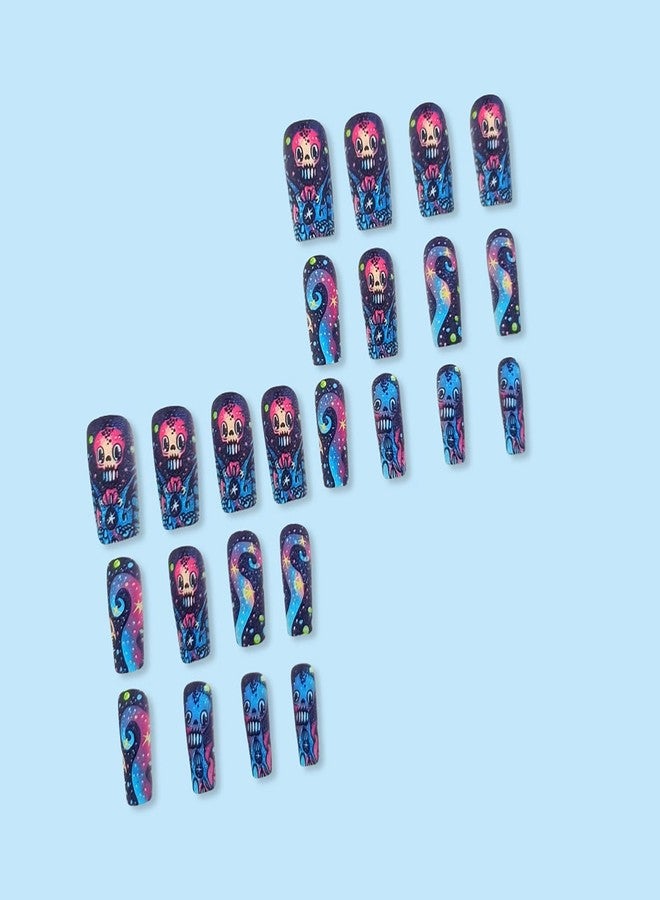 LYLYNB 24Pcs Halloween Press on Nails Medium Square Fake Nails with Skull Designs Matte Acrylic Nails Colorful Halloween Glue on Nails Full Cover Artificial Nails for Women DIY Manicure Decorations - Image 3
