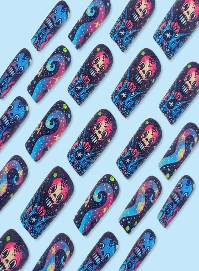 LYLYNB 24Pcs Halloween Press on Nails Medium Square Fake Nails with Skull Designs Matte Acrylic Nails Colorful Halloween Glue on Nails Full Cover Artificial Nails for Women DIY Manicure Decorations - Image 4