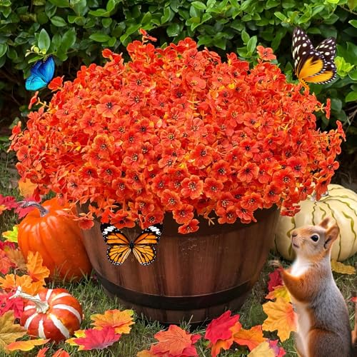 JAKY Global Artificial Fall Flowers Faux Mums for Outdoor PlantersOrange Red 16 Bundles Silk Fake Plants UV Resistant for OutsideAutumn Decorations for PorchPotWindow BoxesFront YardThanksgiving Home Decor - Image 1