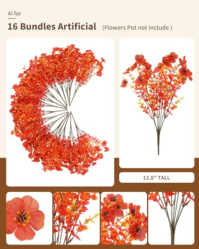 JAKY Global Artificial Fall Flowers Faux Mums for Outdoor PlantersOrange Red 16 Bundles Silk Fake Plants UV Resistant for OutsideAutumn Decorations for PorchPotWindow BoxesFront YardThanksgiving Home Decor - Image 3