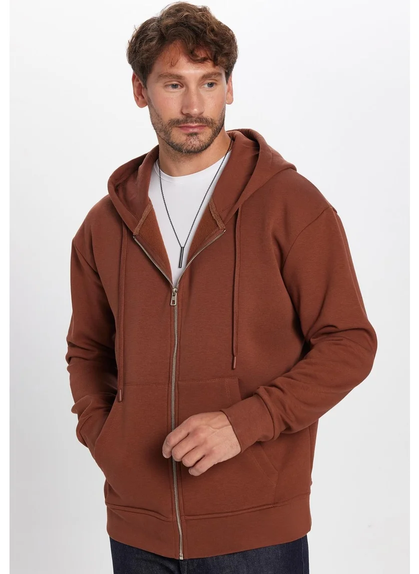 Tudors Unisex Relax Fit Comfortable Cut Cotton Fleece Lined Double Pocket Zipper Brown Hooded Sweatshirt