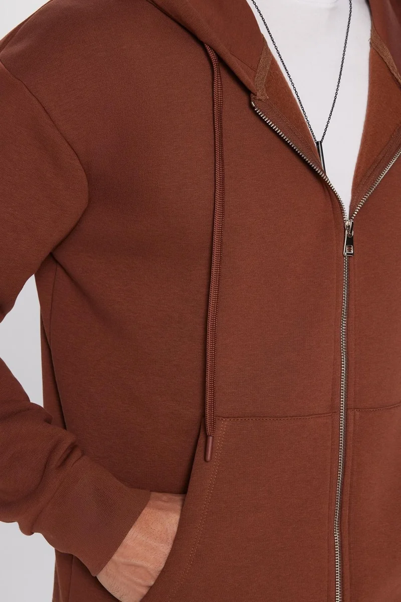 Tudors Unisex Relax Fit Comfortable Cut Cotton Fleece Lined Double Pocket Zipper Brown Hooded Sweatshirt