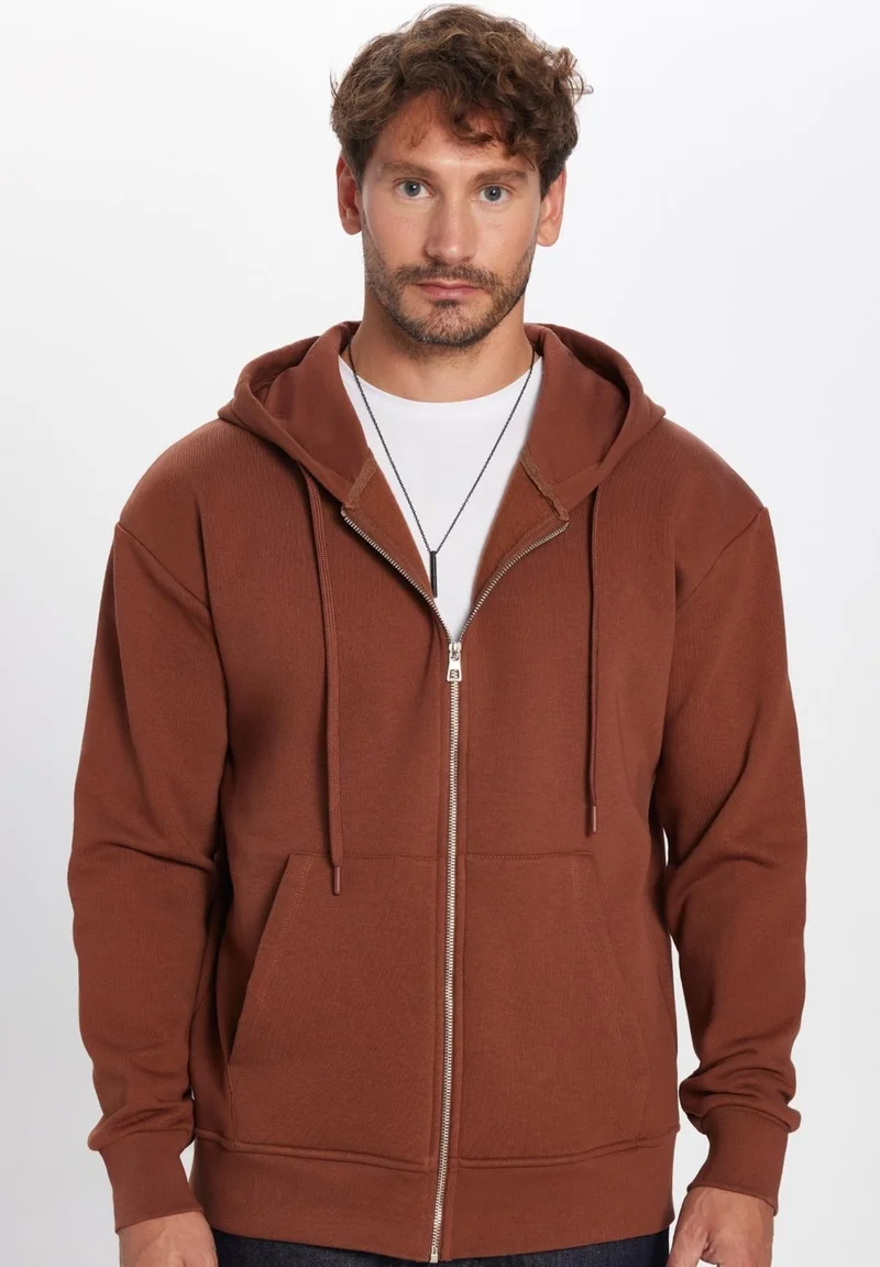 Tudors Unisex Relax Fit Comfortable Cut Cotton Fleece Lined Double Pocket Zipper Brown Hooded Sweatshirt
