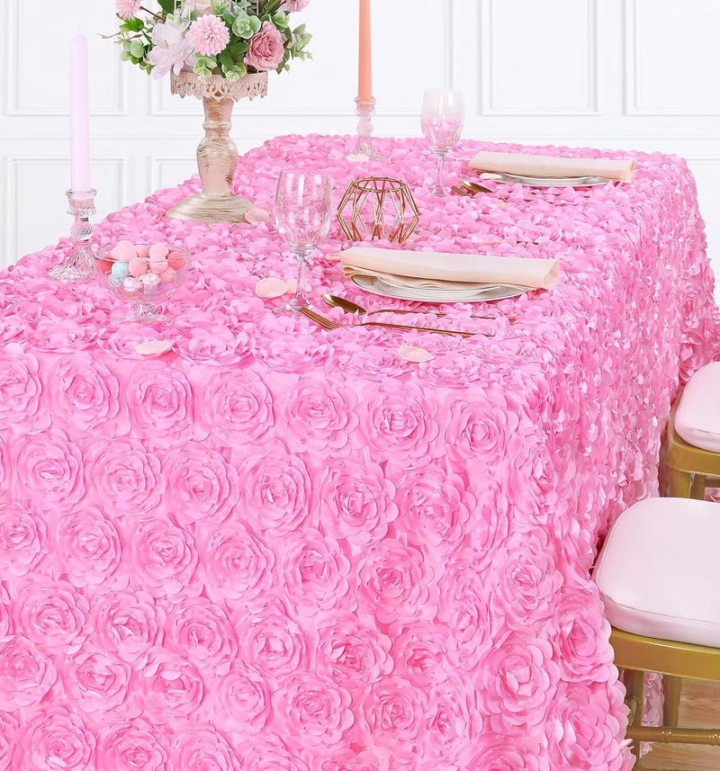 QueenDream Baby Shower Tablecloth 90x132 Inches Pink Tablecloth Rectangle Rosette Satin Tablecloth for Wedding Party Cake Table Decor