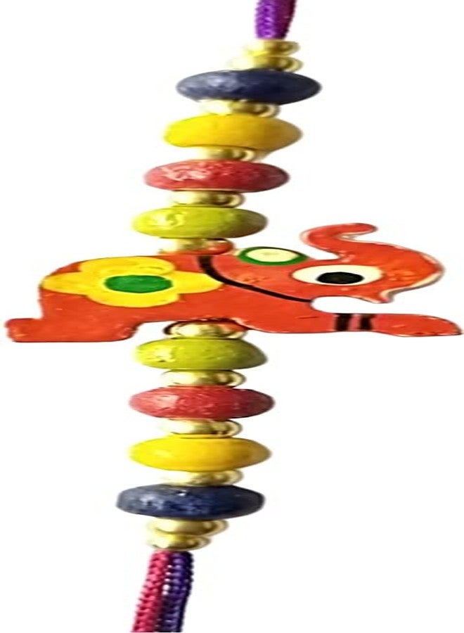 KRISHNA Rakhi Wooden Red Elephant pendal with Color Wooden Beads for Rakshabandhan for Men and Boys - Image 1