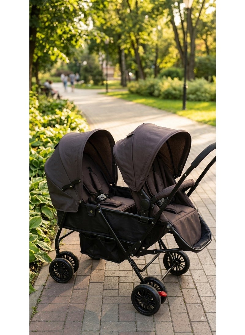 Star Kids Double stroller with two rear seats for twins and siblings – lightweight foldable frame, wide adjustable canopy, 5-point safety harness, shock-absorbing wheels, suitable from birth to 36 months - Image 2