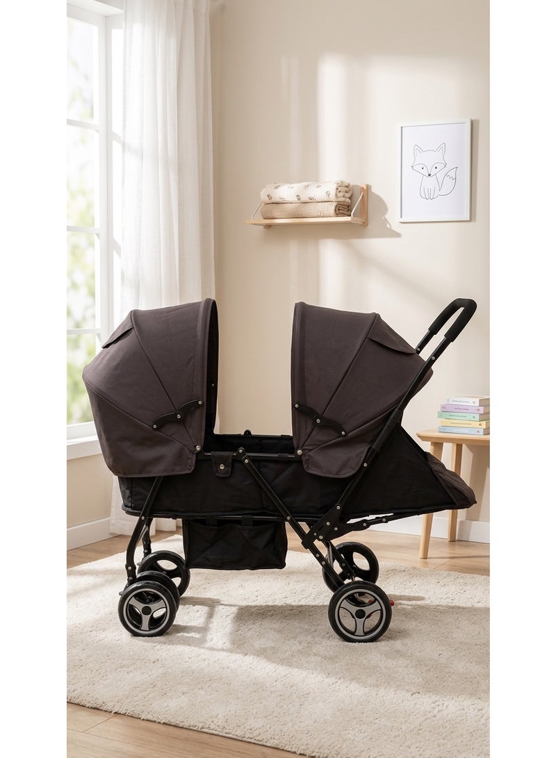 Star Kids Double stroller with two rear seats for twins and siblings – lightweight foldable frame, wide adjustable canopy, 5-point safety harness, shock-absorbing wheels, suitable from birth to 36 months - Image 3