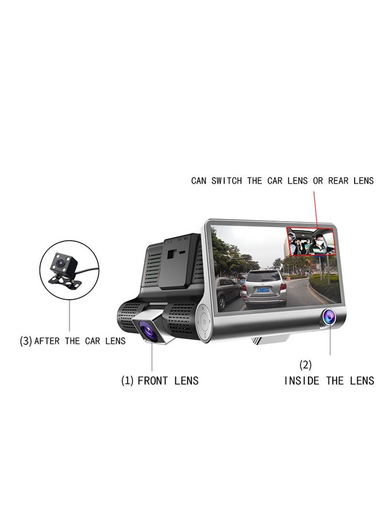 4 Inch HD 1080P DVR Dash Camera Front & Inside & Rear Camera Driving Recorder Support Night Vision