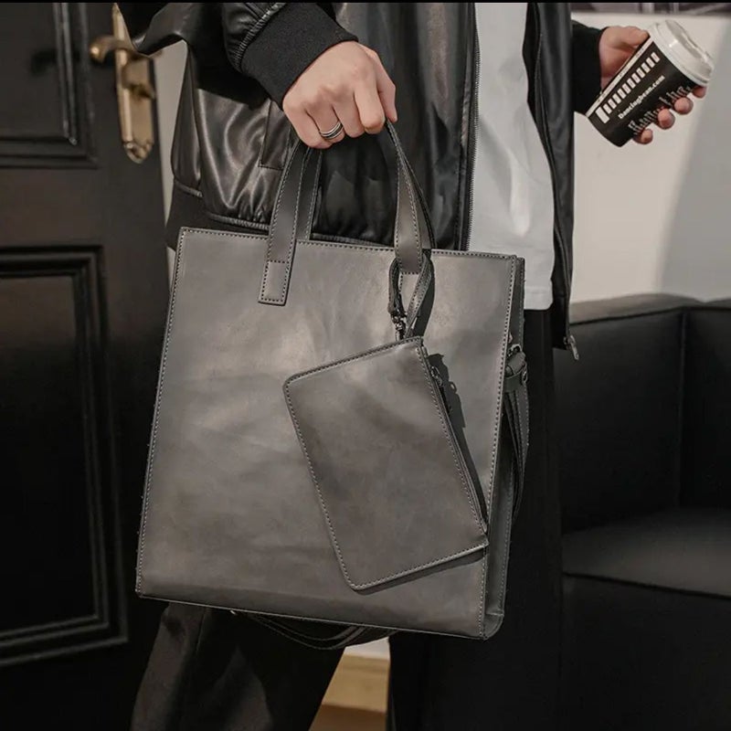 Multi-Functional Large Capacity Vintage Leather Shoulder Bag Handbag Mens Tote Bag Crossbody Bag For Daily Use Gray 