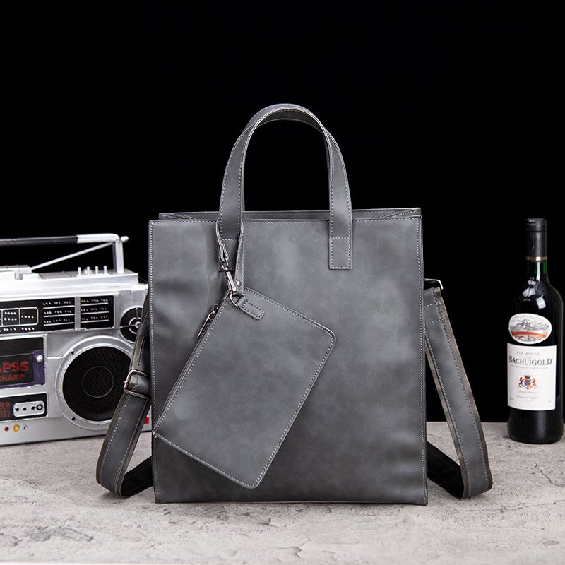 Crazy Horse Leather Shoulder Bag Multi-functional Handbag Large Capacity Retro Leather Crossbody Bag Mens Tote Bag Gray