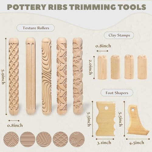 Krbnk 11Pcs Clay Pottery Tools Kit with 5 Clay Texture Rollers, 4 Clay Stamps, 2 Foot Shapers Pottery Ribs Trimming | All-in-One Ceramic Carving Set for Clay Molding & Sculpting & Ceramics - Image 2