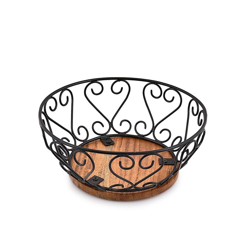 EDHAS Iron Fruit Bowl With Wooden Base for Kitchen Countertop & Dining Room and Pantries (9" x 9" x 4") - Image 1