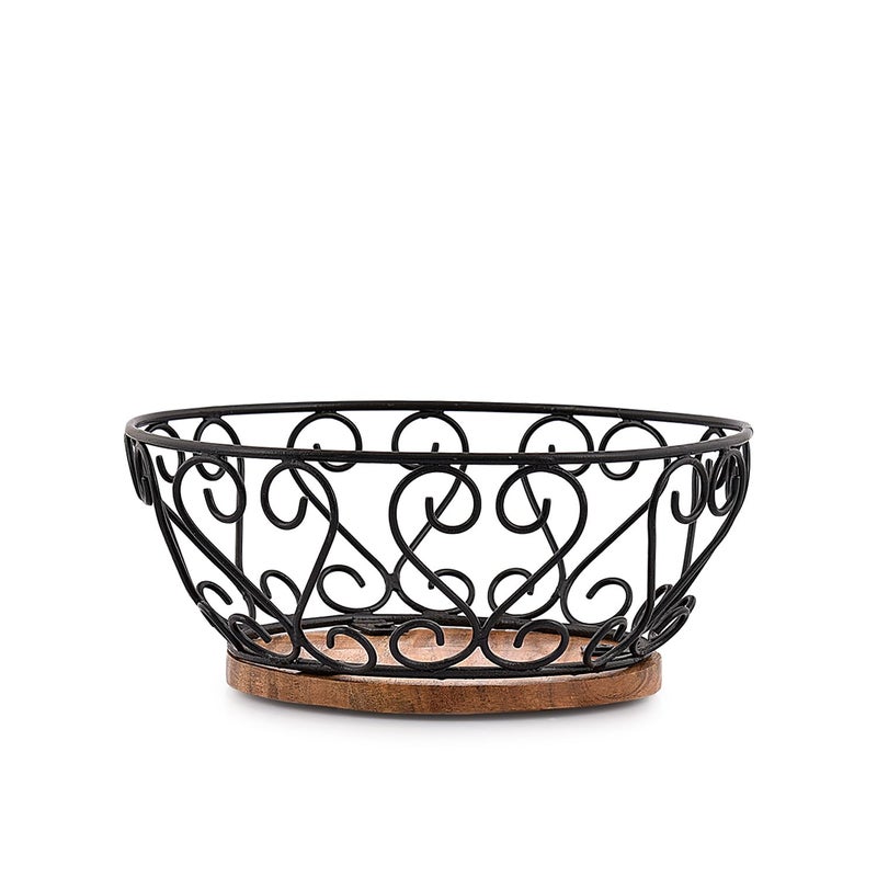 EDHAS Iron Fruit Bowl With Wooden Base for Kitchen Countertop & Dining Room and Pantries (9" x 9" x 4") - Image 2