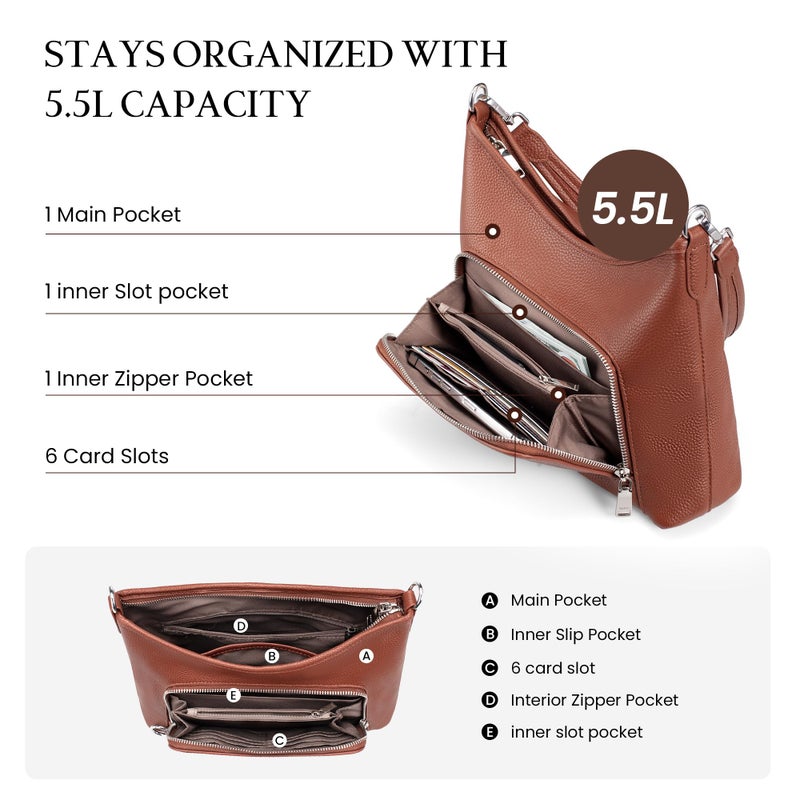 befen Genuine Leather Hobo Bag Purses for Women, Anti Theft Built in RFID Wallet Crossbody Bag Purses, Soft Real Women's Shoulder bag Handbags with 2 Adjustable Shoulder Straps and 4 Zippersï¼ŒBrown - Image 3