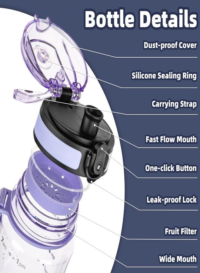 OLDLEY 32 oz Water Bottle, Motivational Water Bottle with Time Marker, Sports Water Bottle With Strap, Leakproof & BPA Free Large Water Bottles for School,Gym,Outdoor, Tritan, Transparent-Purple - Image 2
