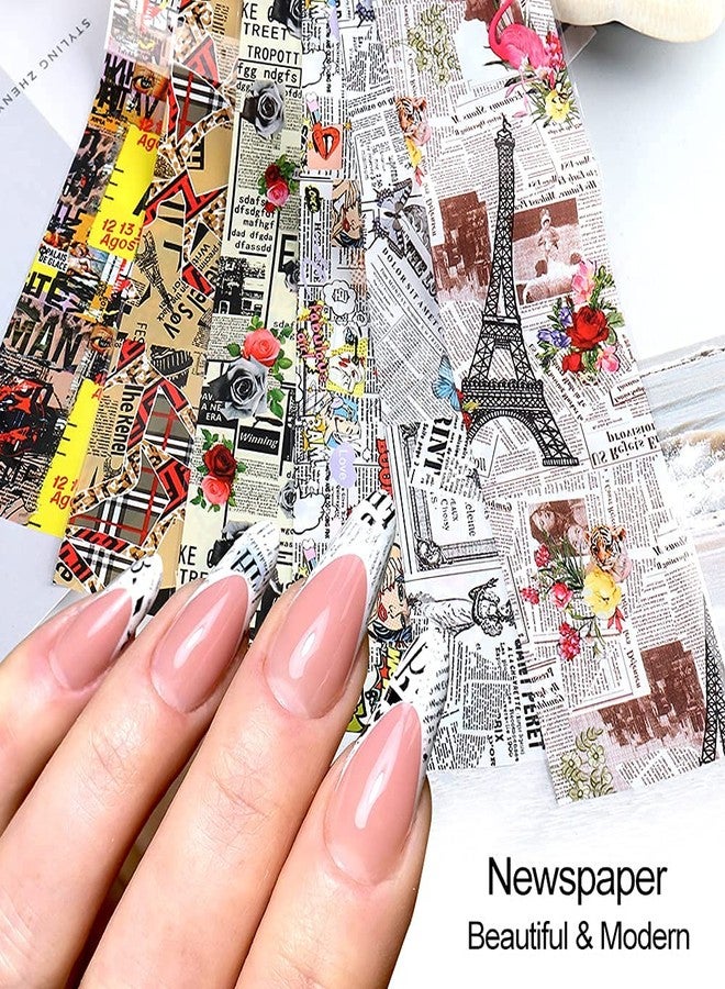 YKZFUI Retro Newspaper Nail Art Foil Transfer Stickers,Nail Art Supplies Holographic Nail Foil Flower Decals English Letters Butterfly Cool Romantic Punk Designs for Woman Manicure Decorations 10PCS - Image 4