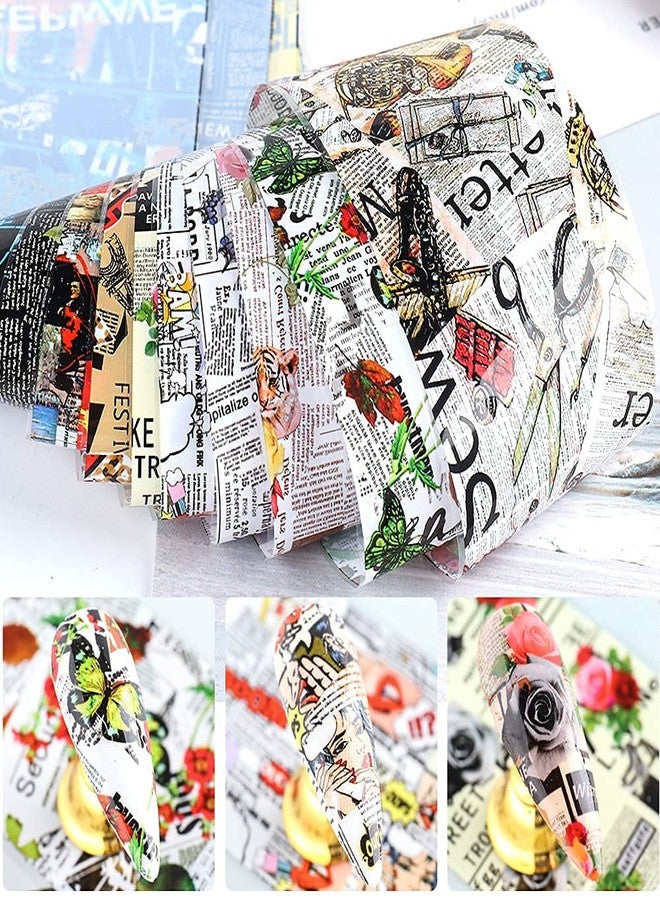 YKZFUI Retro Newspaper Nail Art Foil Transfer Stickers,Nail Art Supplies Holographic Nail Foil Flower Decals English Letters Butterfly Cool Romantic Punk Designs for Woman Manicure Decorations 10PCS - Image 2