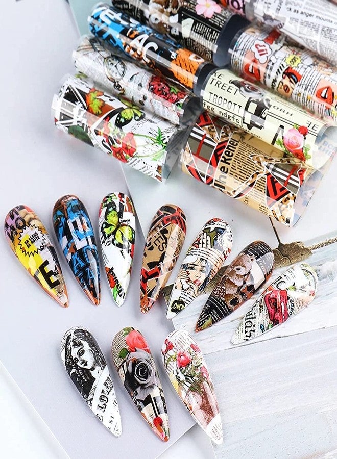 YKZFUI Retro Newspaper Nail Art Foil Transfer Stickers,Nail Art Supplies Holographic Nail Foil Flower Decals English Letters Butterfly Cool Romantic Punk Designs for Woman Manicure Decorations 10PCS - Image 5