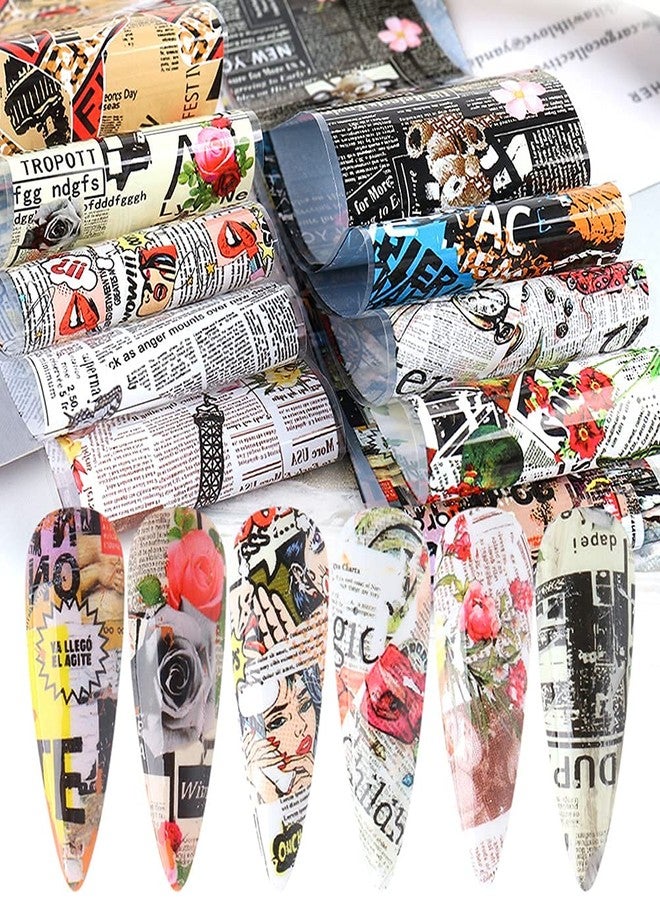 YKZFUI Retro Newspaper Nail Art Foil Transfer Stickers,Nail Art Supplies Holographic Nail Foil Flower Decals English Letters Butterfly Cool Romantic Punk Designs for Woman Manicure Decorations 10PCS - Image 1
