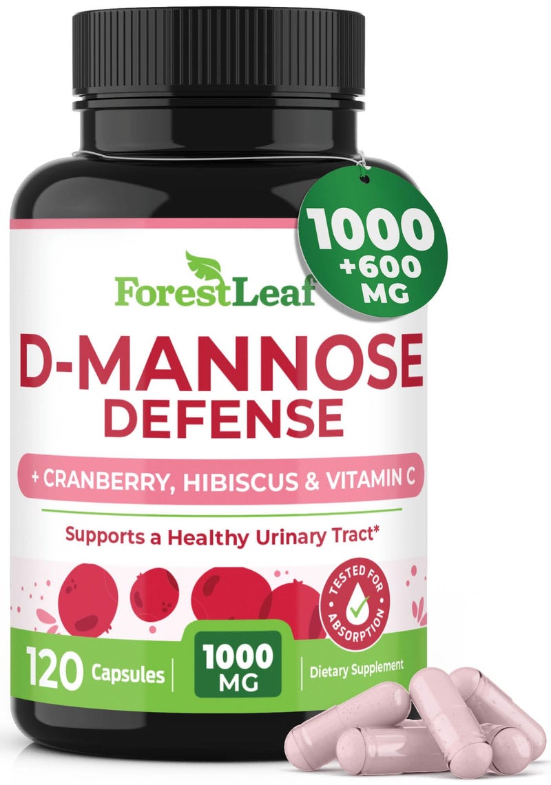 ForestLeaf D Mannose 1000mg Capsules DMannose with Cranberry Hibiscus VIT C Urinary Tract Health for Women and Men DMannose Pills for UTI Urinary Health Bladder Support 120 Capsules