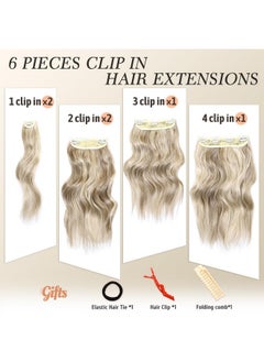 NAYOO NAYOO Clip in Hair Extensions for Women 14 Inch Short Wavy Curly Ash Brown Mix Platinum Blonde Hair Extension Full Head Synthetic Hair Extension Hairpieces (6PCS, Ash Brown Mix Platinum Blonde)  - Image 3