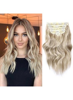 NAYOO NAYOO Clip in Hair Extensions for Women 14 Inch Short Wavy Curly Ash Brown Mix Platinum Blonde Hair Extension Full Head Synthetic Hair Extension Hairpieces (6PCS, Ash Brown Mix Platinum Blonde)  - Image 1