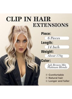 NAYOO NAYOO Clip in Hair Extensions for Women 14 Inch Short Wavy Curly Ash Brown Mix Platinum Blonde Hair Extension Full Head Synthetic Hair Extension Hairpieces (6PCS, Ash Brown Mix Platinum Blonde)  - Image 2