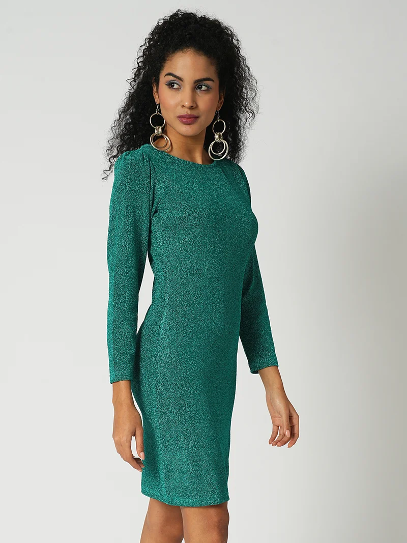 جلو باص فستان سهرة قصير ضيق بأكمام منتفخة وياقة مستديرة من جلوبس