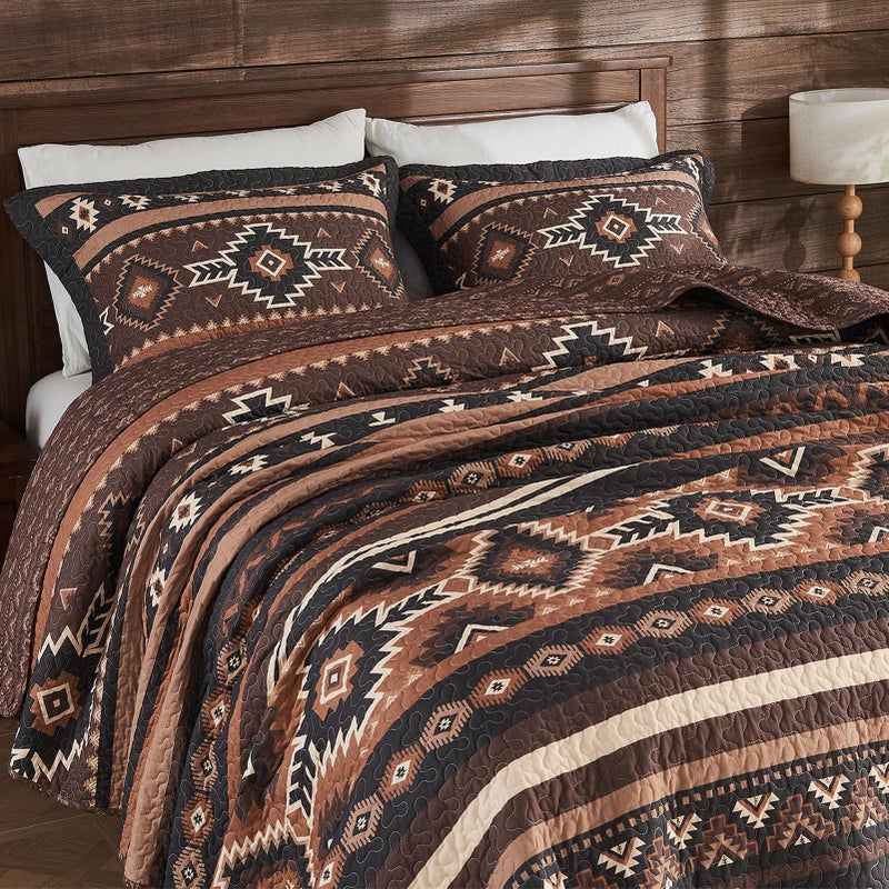 SahSahCasa Quilt Set Queen Size, 100% Cotton, Queen Comforter Set, Aztec Striped Quilted Bedspreads, Queen Bedding Set, Reversible Lightweight Bed Spread for All Season, Brown/Black, 3pcs - Image 2