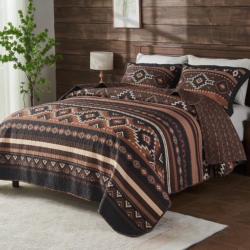 SahSahCasa Quilt Set Queen Size, 100% Cotton, Queen Comforter Set, Aztec Striped Quilted Bedspreads, Queen Bedding Set, Reversible Lightweight Bed Spread for All Season, Brown/Black, 3pcs - Image 1