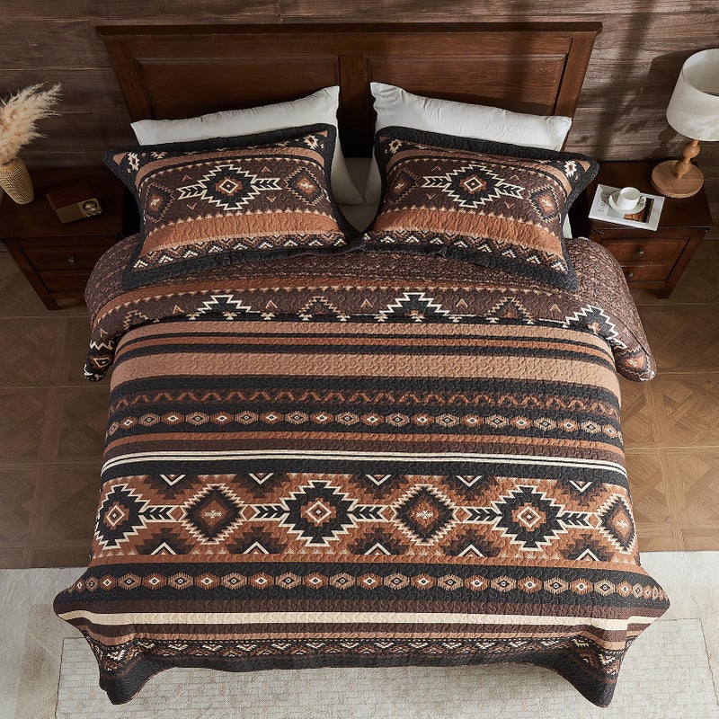 SahSahCasa Quilt Set Queen Size, 100% Cotton, Queen Comforter Set, Aztec Striped Quilted Bedspreads, Queen Bedding Set, Reversible Lightweight Bed Spread for All Season, Brown/Black, 3pcs - Image 3