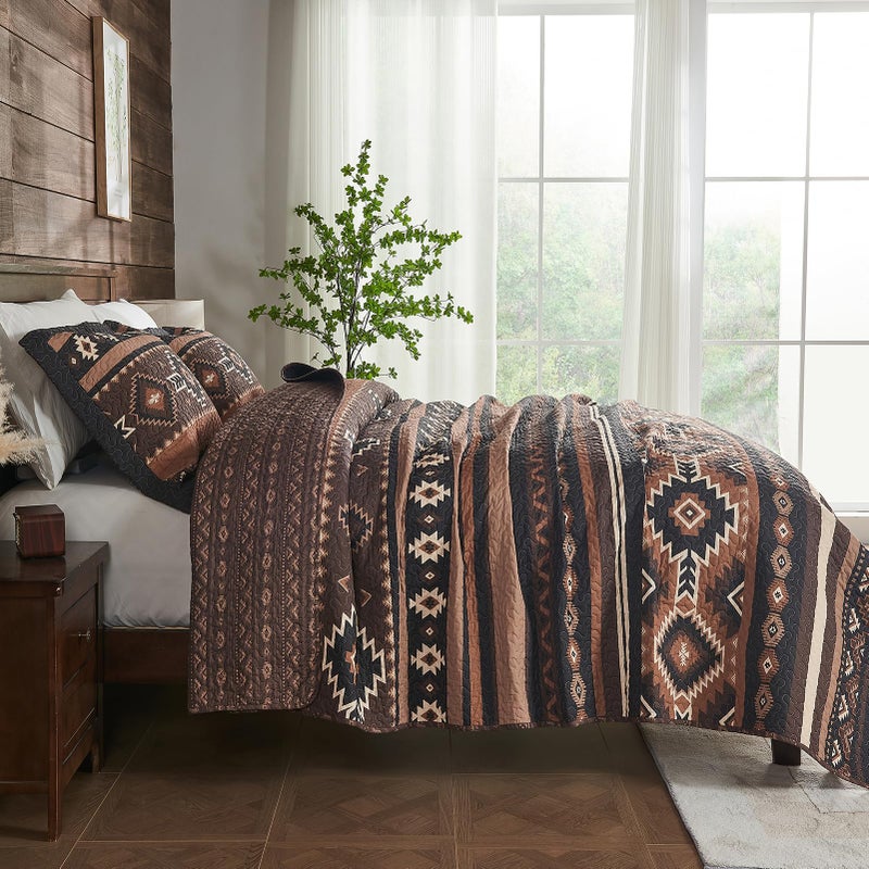 SahSahCasa Quilt Set Queen Size, 100% Cotton, Queen Comforter Set, Aztec Striped Quilted Bedspreads, Queen Bedding Set, Reversible Lightweight Bed Spread for All Season, Brown/Black, 3pcs - Image 4