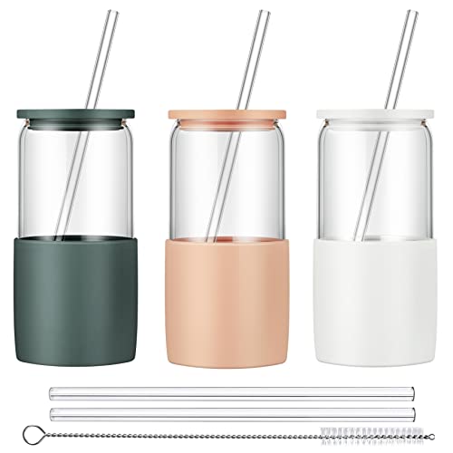 Sunseeke Glass Tumbler with Straw and Lid, 16oz Ice Coffee Cup, Silicone Sleeve Cleaning Brushes, Drinking Glasses for Water, Iced Coffee, Smoothie -BPA Free -3 Pack - Image 1