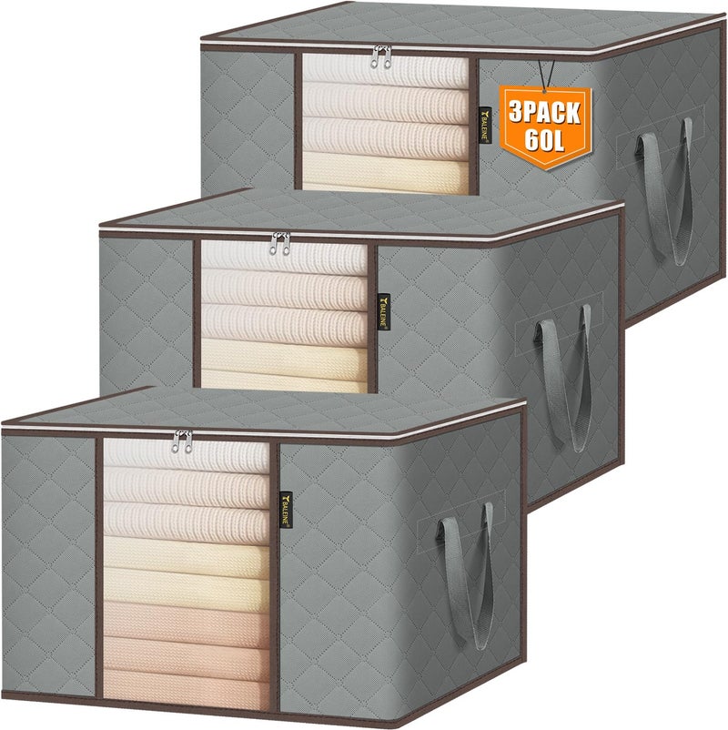BALEINE 3 Pack Clothes Storage Bags, 16 Gallon Storage Containers with Reinforced Handle, Sturdy Zipper, Closet Organizer for Blanket, Comforter, Pillow, Bedding (Grey, 3 Pack) - Image 1