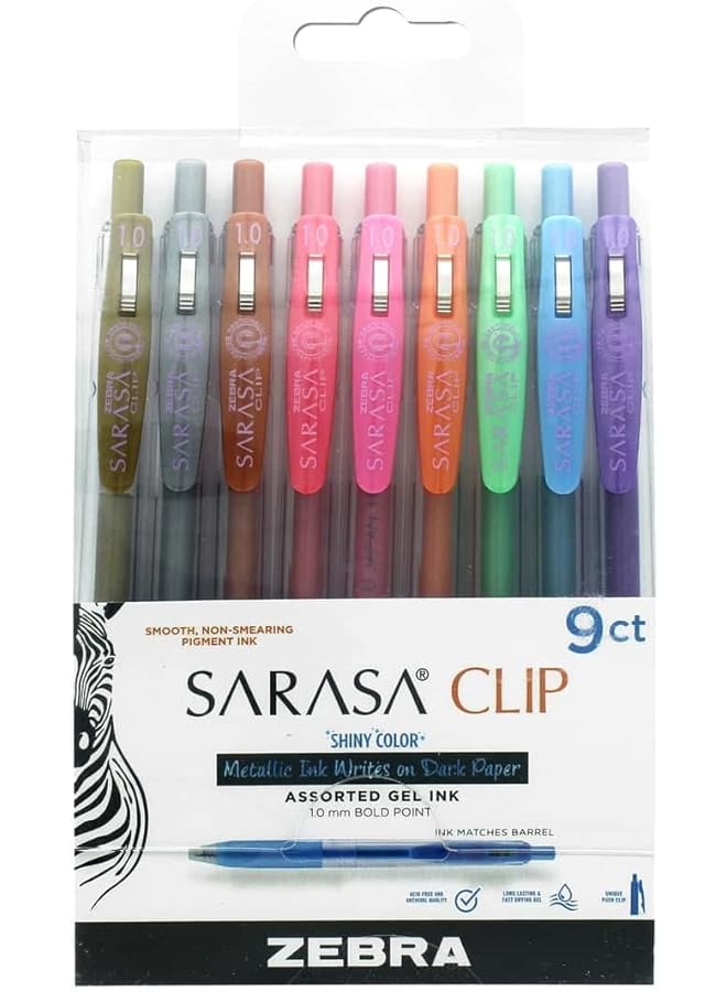 ZEBRA Pen Clip Retractable Gel Pen Bold Point 1.0Mm Shiny Assorted Colors 9 Pack - Image 1
