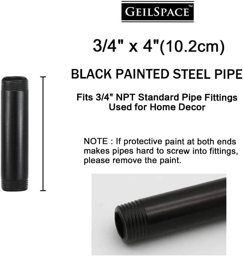 GeilSpace 6 Pack 3/4" × 4" Pre-Cut Black Metal Pipe, Industrial Steel Fits Standard Three Quarters Inch Threaded Pipes and Fittings - Vintage DIY Industrial Shelving (3/4" × 4", Black) - Image 2
