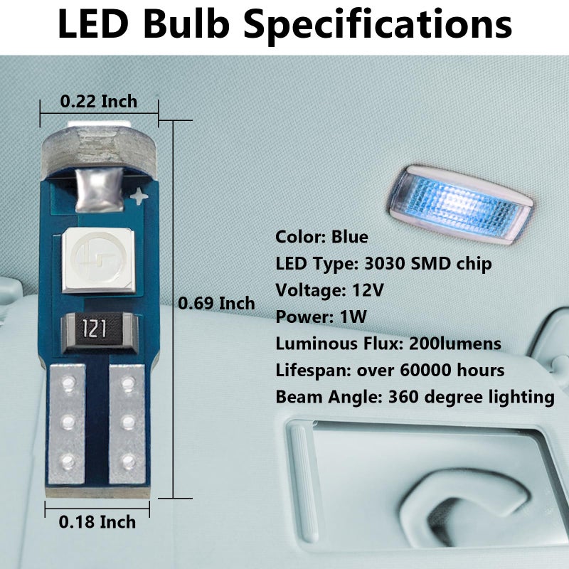 ecocstm 12 PCS T5 LED Bulbs, 74 73 37 2721 Instrument Cluster Light Bulb, 12 Volt Bright Canbus Error Free LED Dashboard Light Bulb, 3030 SMD Automotive Replacement Bulbs (Blue) - Image 2