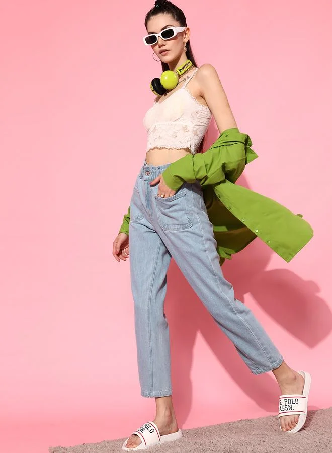 STREET 9 جينز نسائي أزرق مستقيم بخصر عالٍ