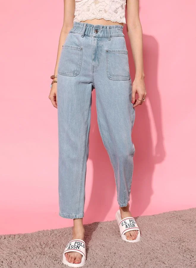 STREET 9 جينز نسائي أزرق مستقيم بخصر عالٍ