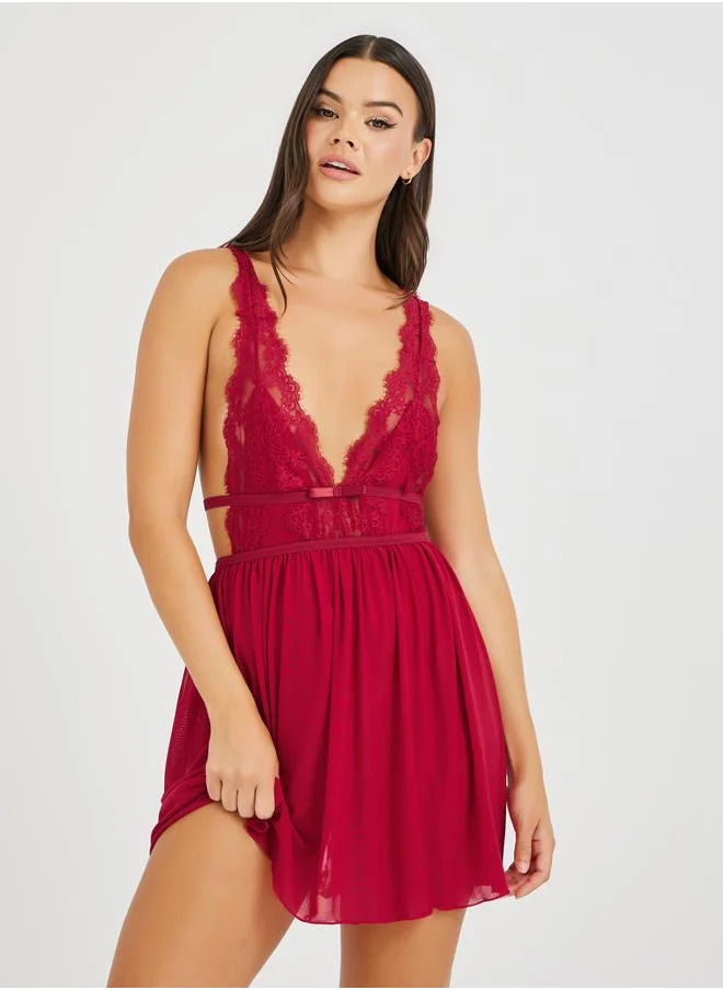 تايك تو Take Two Solid Lace Trim Mesh Babydoll with Bow Detail