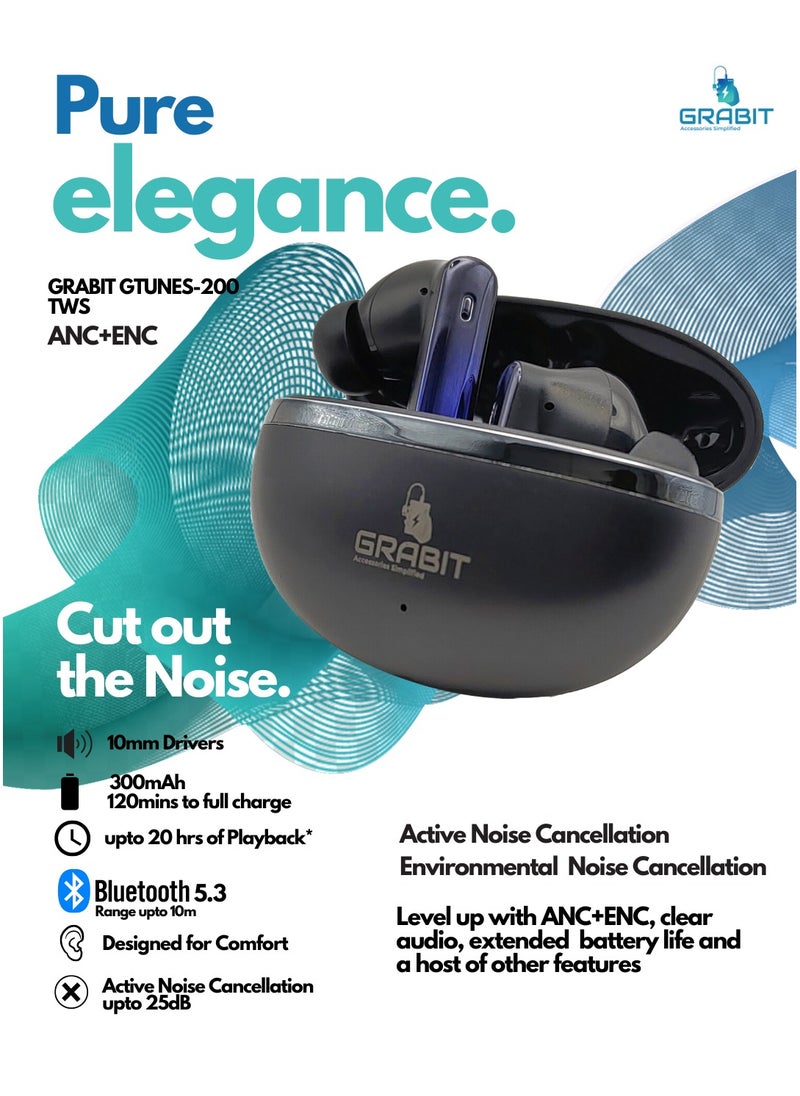 GRABIT - True Wireless Earbuds ANC & ENC for Clear Sound enjoy deep bass and noise-free calls with ANC + ENC technology. With 4-5 hours playtime, a 300mAh charging case, and fast 1.5-hour charging, stay powered all day. Compatible with iPhone, Samsung, OnePlus, Xiaomi, Huawei, Google Pixel, iPads, and more perfect for work, travel, and workouts. - Image 1