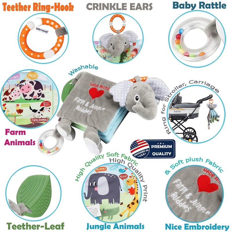 Bebe Mondo Elephant Touch and Feel Baby Books Toys 0-6 Months, Loveys Crinkle Books for Babies,Infant Toys 6-12-18 Months 1-2 Year Old, Baby Shower Easter Gifts Soft Cloth Book Teething Rattle for Boys Girls - Image 2