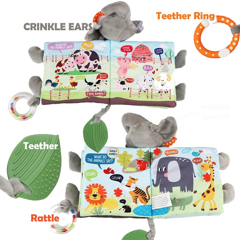 Bebe Mondo Elephant Touch and Feel Baby Books Toys 0-6 Months, Loveys Crinkle Books for Babies,Infant Toys 6-12-18 Months 1-2 Year Old, Baby Shower Easter Gifts Soft Cloth Book Teething Rattle for Boys Girls - Image 4