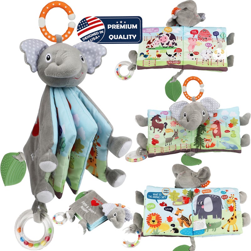 Bebe Mondo Elephant Touch and Feel Baby Books Toys 0-6 Months, Loveys Crinkle Books for Babies,Infant Toys 6-12-18 Months 1-2 Year Old, Baby Shower Easter Gifts Soft Cloth Book Teething Rattle for Boys Girls - Image 1
